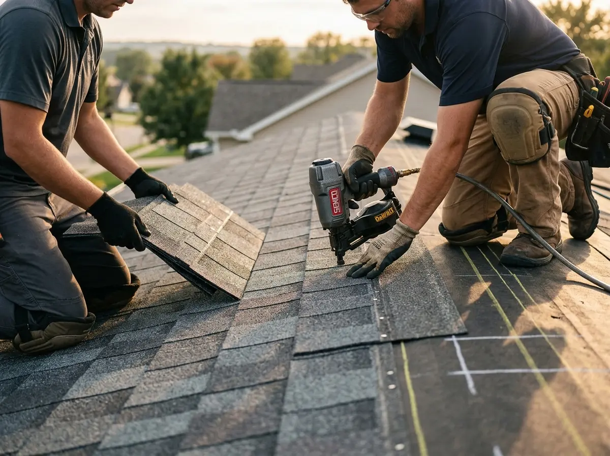Professional roofer working on a residential roof in Cresaptown
